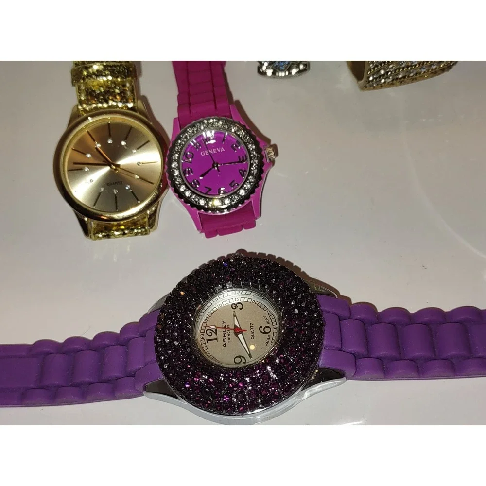 Lot of 7 New Womens Watches Geneva Vivani Bosmiya Rhinestone Glitter Pink Purple